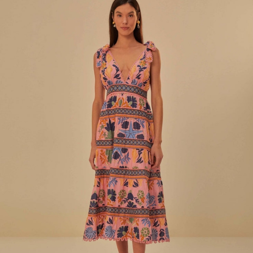 NWT Farm Rio Seashell Tapestry Pink Midi Dress